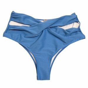 Blue Ribbed High Waisted Crossover Bikini Bottom